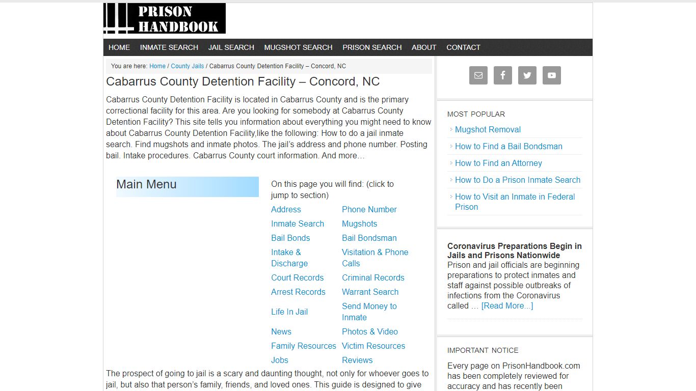 Cabarrus County Detention Facility – Concord, NC - Prison Handbook